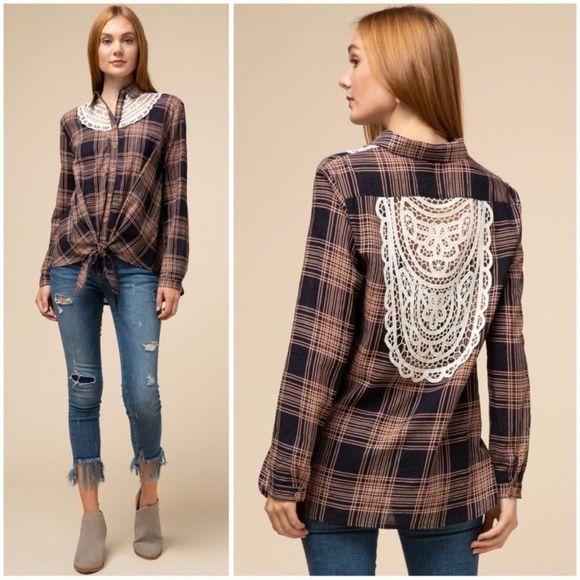 Tops - NEW Plaid Print Front Twist Button Up Top with Crochet Lace Details